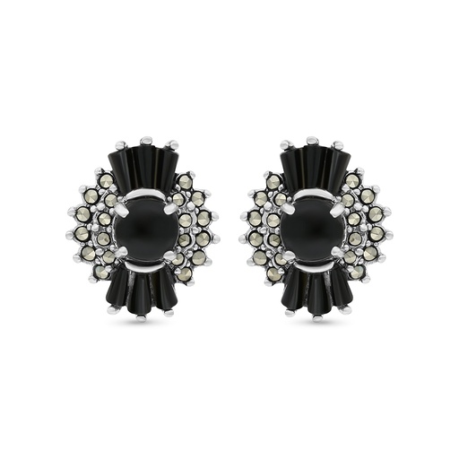 [EAR04MAR00ONXA284] Sterling Silver 925 Earring Embedded With Natural Black Agate And Marcasite Stones