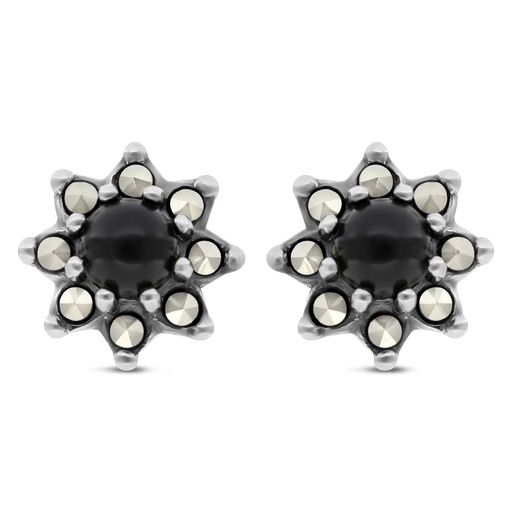 [EAR04MAR00ONXA467] Sterling Silver 925 Earring Embedded With Natural Black Agate And Marcasite Stones