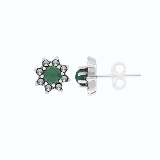 [EAR04MAR00GAGA467] Sterling Silver 925 Earring Embedded With Natural Green Agate And Marcasite Stones