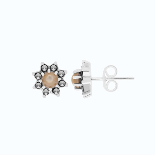 [EAR04MAR00PNKA467] Sterling Silver 925 Earring Embedded With Natural Pink Shell And Marcasite Stones
