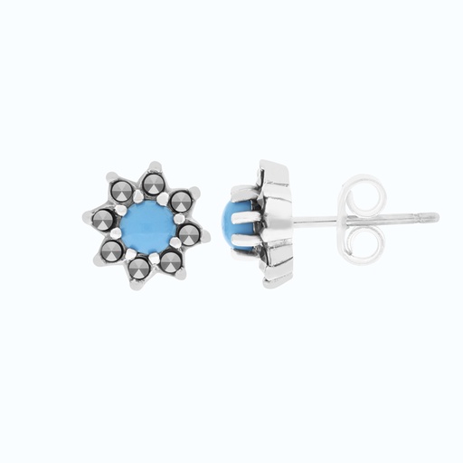[EAR04MAR00TRQA467] Sterling Silver 925 Earring Embedded With Natural Processed Turquoise And Marcasite Stones