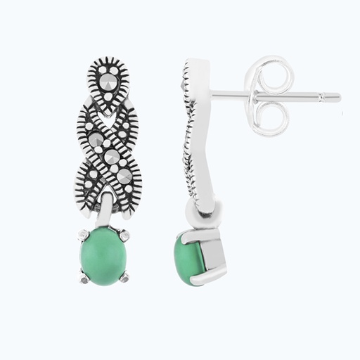 [EAR04MAR00GAGA468] Sterling Silver 925 Earring Embedded With Natural Green Agate And Marcasite Stones