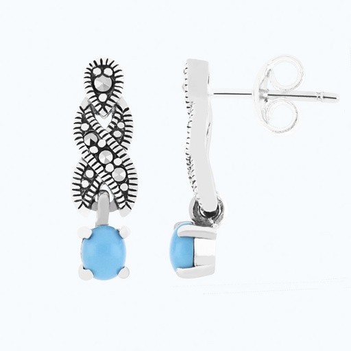 [EAR04MAR00TRQA468] Sterling Silver 925 Earring Embedded With Natural Processed Turquoise And Marcasite Stones