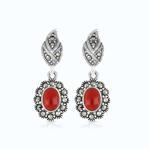 [EAR04MAR00RAGA470] Sterling Silver 925 Earring Embedded With Natural Aqiq And Marcasite Stones