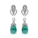 Sterling Silver 925 Earring Embedded With Natural Green Agate And Marcasite Stones