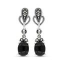 Sterling Silver 925 Earring Embedded With Natural Black Agate And Marcasite Stones