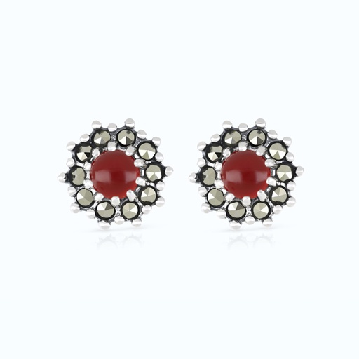 [EAR04MAR00RAGA471] Sterling Silver 925 Earring Embedded With Natural Aqiq And Marcasite Stones