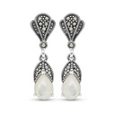 Sterling Silver 925 Earring Embedded With Natural White Shell And Marcasite Stones