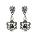 Sterling Silver 925 Earring Embedded With Natural Black Agate And Marcasite Stones