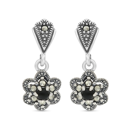 [EAR04MAR00ONXA473] Sterling Silver 925 Earring Embedded With Natural Black Agate And Marcasite Stones