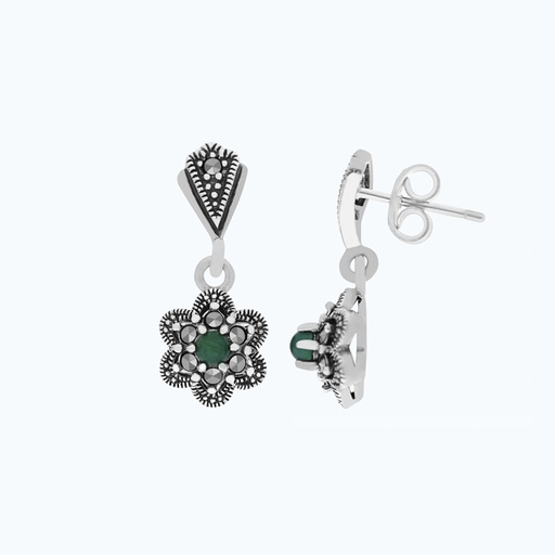 [EAR04MAR00GAGA473] Sterling Silver 925 Earring Embedded With Natural Green Agate And Marcasite Stones