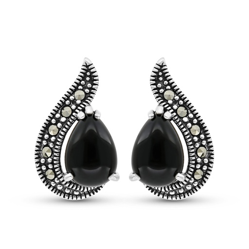 [EAR04MAR00ONXA291] Sterling Silver 925 Earring Embedded With Natural Black Agate And Marcasite Stones