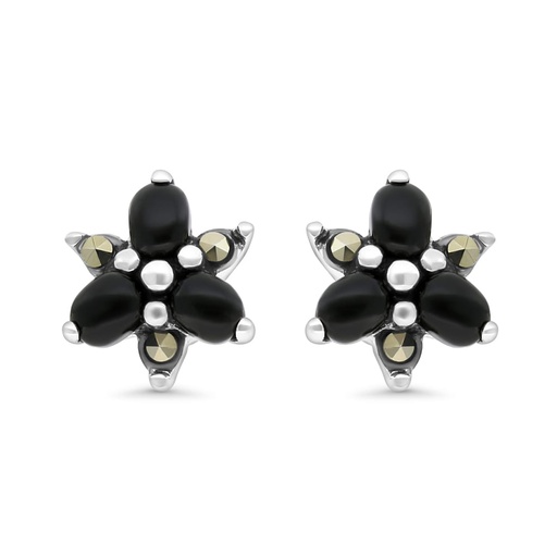 [EAR04MAR00ONXA475] Sterling Silver 925 Earring Embedded With Natural Black Agate And Marcasite Stones