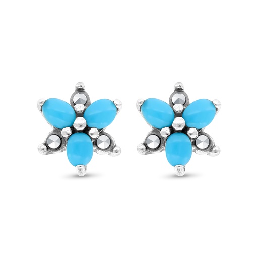 [EAR04MAR00TRQA475] Sterling Silver 925 Earring Embedded With Natural Processed Turquoise And Marcasite Stones