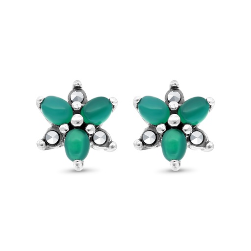 [EAR04MAR00GAGA475] Sterling Silver 925 Earring Embedded With Natural Green Agate And Marcasite Stones