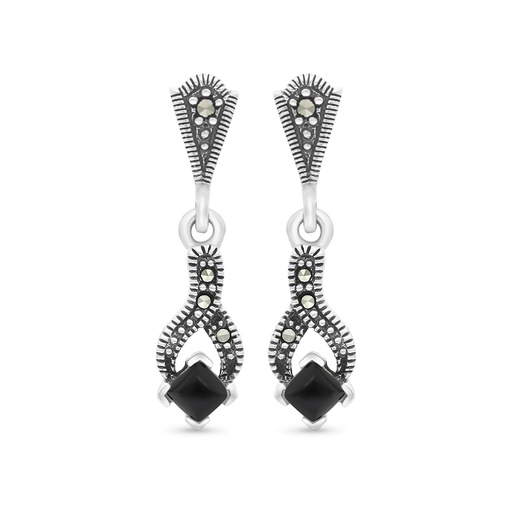 [EAR04MAR00ONXA295] Sterling Silver 925 Earring Embedded With Natural Black Agate And Marcasite Stones
