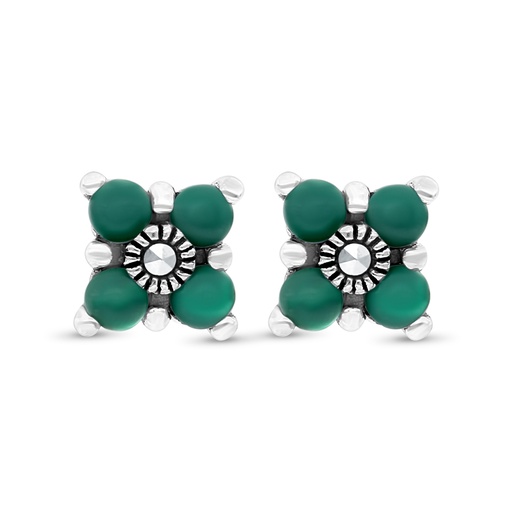 [EAR04MAR00GAGA296] Sterling Silver 925 Earring Embedded With Natural Green Agate And Marcasite Stones