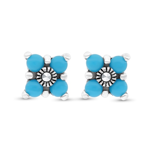[EAR04MAR00TRQA296] Sterling Silver 925 Earring Embedded With Natural Processed Turquoise And Marcasite Stones