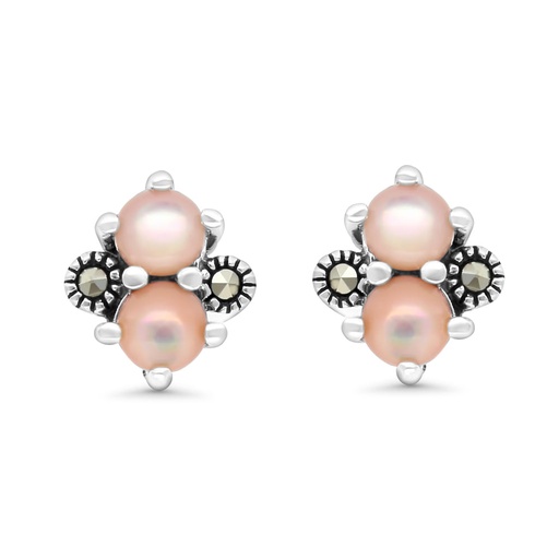 [EAR04MAR00PNKA298] Sterling Silver 925 Earring Embedded With Natural Pink Shell And Marcasite Stones