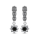 Sterling Silver 925 Earring Embedded With Natural Black Agate And Marcasite Stones