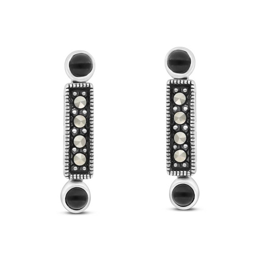 [EAR04MAR00ONXA302] Sterling Silver 925 Earring Embedded With Natural Black Agate And Marcasite Stones
