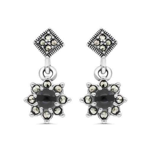 [EAR04MAR00ONXA478] Sterling Silver 925 Earring Embedded With Natural Black Agate And Marcasite Stones