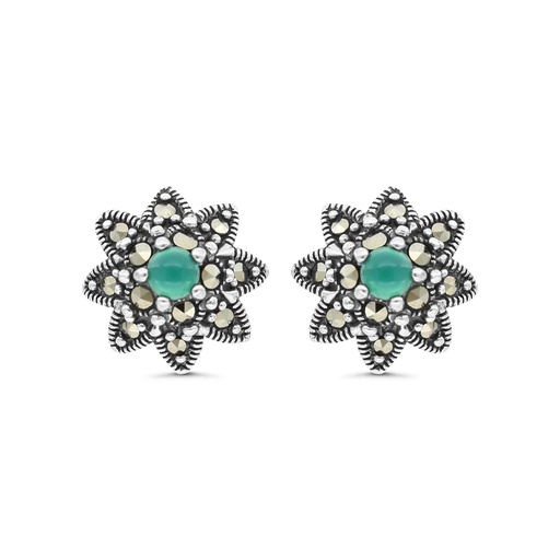 [EAR04MAR00GAGA303] Sterling Silver 925 Earring Embedded With Natural Green Agate And Marcasite Stones