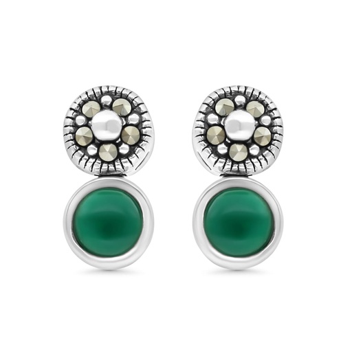 [EAR04MAR00GAGA304] Sterling Silver 925 Earring Embedded With Natural Green Agate And Marcasite Stones