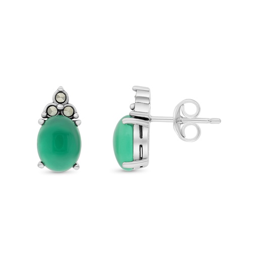 [EAR04MAR00GAGA305] Sterling Silver 925 Earring Embedded With Natural Green Agate And Marcasite Stones