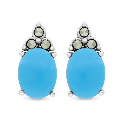 [EAR04MAR00TRQA305] Sterling Silver 925 Earring Embedded With Natural Processed Turquoise And Marcasite Stones