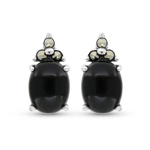 [EAR04MAR00ONXA305] Sterling Silver 925 Earring Embedded With Natural Black Agate And Marcasite Stones