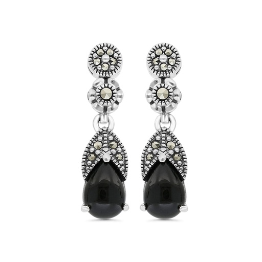 [EAR04MAR00ONXA479] Sterling Silver 925 Earring Embedded With Natural Black Agate And Marcasite Stones