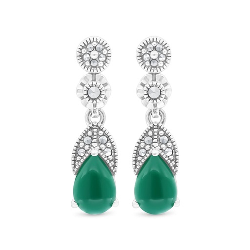 [EAR04MAR00GAGA479] Sterling Silver 925 Earring Embedded With Natural Green Agate And Marcasite Stones