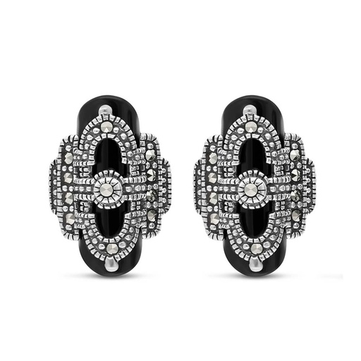 [EAR04MAR00ONXA480] Sterling Silver 925 Earring Embedded With Natural Black Agate And Marcasite Stones