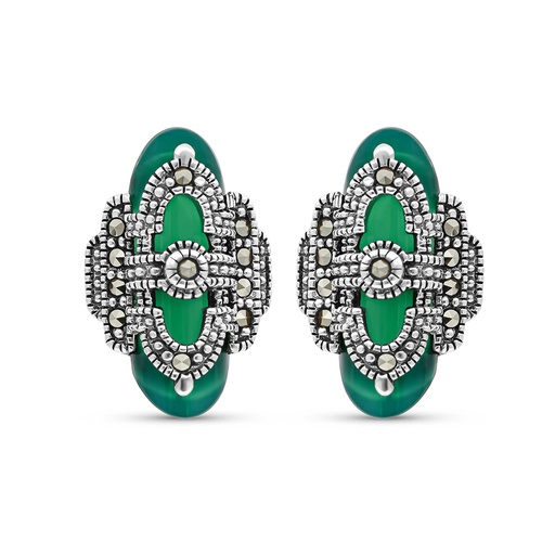 [EAR04MAR00GAGA480] Sterling Silver 925 Earring Embedded With Natural Green Agate And Marcasite Stones