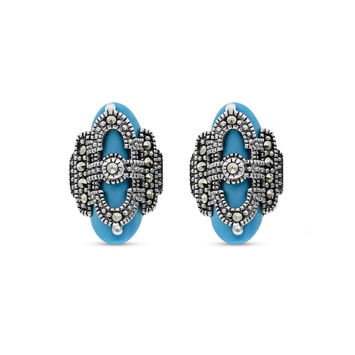 [EAR04MAR00TRQA480] Sterling Silver 925 Earring Embedded With Natural Processed Turquoise And Marcasite Stones