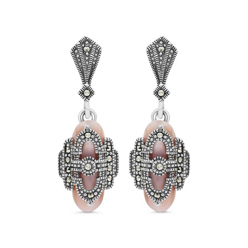 [EAR04MAR00PNKA481] Sterling Silver 925 Earring Embedded With Natural Pink Shell And Marcasite Stones