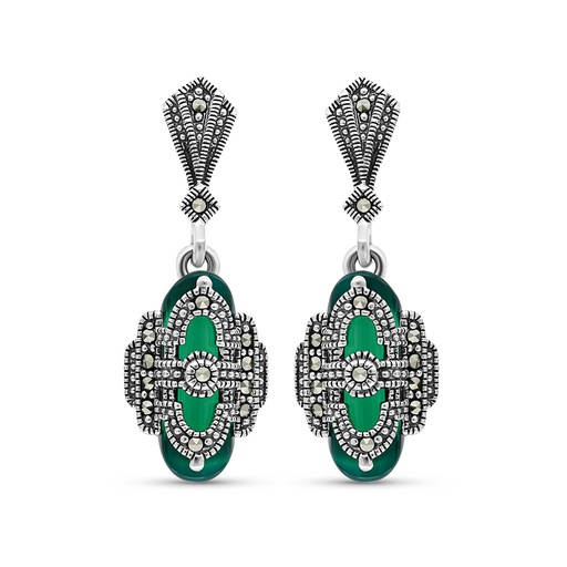 [EAR04MAR00GAGA481] Sterling Silver 925 Earring Embedded With Natural Green Agate And Marcasite Stones