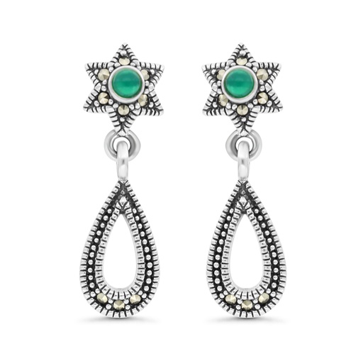 [EAR04MAR00GAGA306] Sterling Silver 925 Earring Embedded With Natural Green Agate And Marcasite Stones