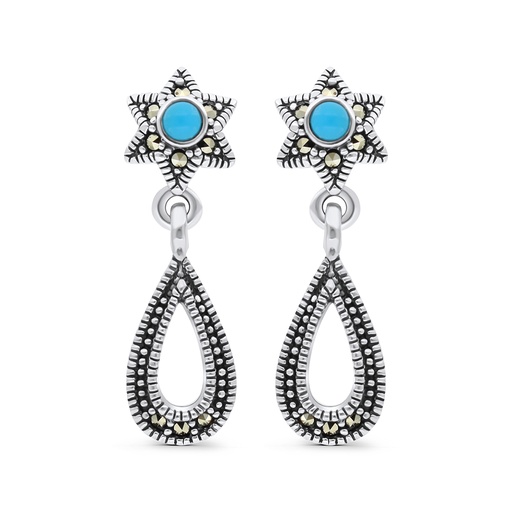 [EAR04MAR00TRQA306] Sterling Silver 925 Earring Embedded With Natural Processed Turquoise And Marcasite Stones
