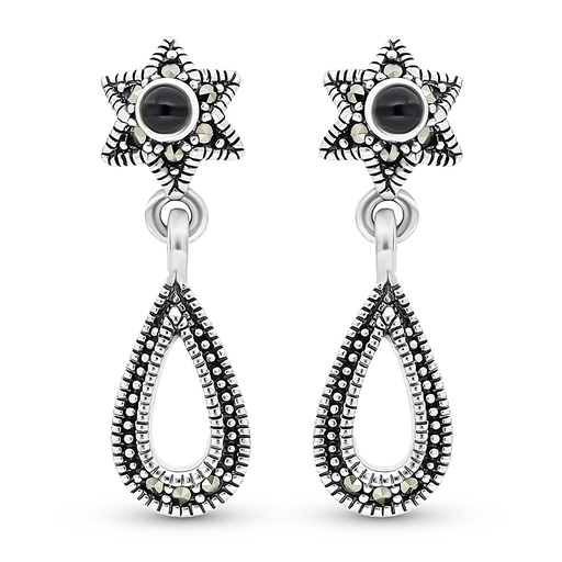 [EAR04MAR00ONXA306] Sterling Silver 925 Earring Embedded With Natural Black Agate And Marcasite Stones