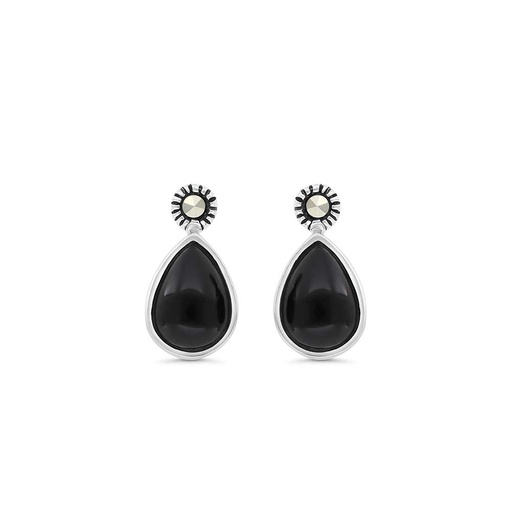 [EAR04MAR00ONXA307] Sterling Silver 925 Earring Embedded With Natural Black Agate And Marcasite Stones