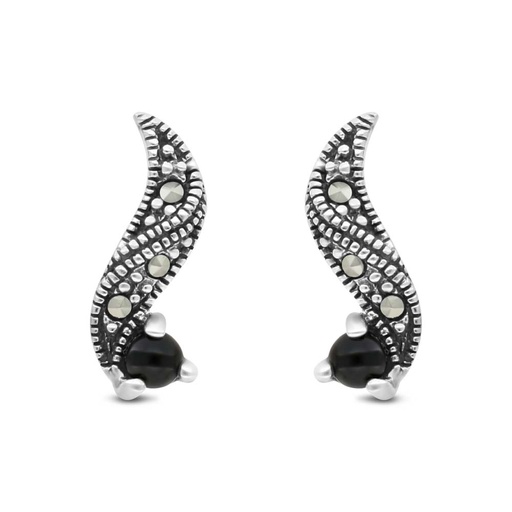 [EAR04MAR00ONXA309] Sterling Silver 925 Earring Embedded With Natural Black Agate And Marcasite Stones