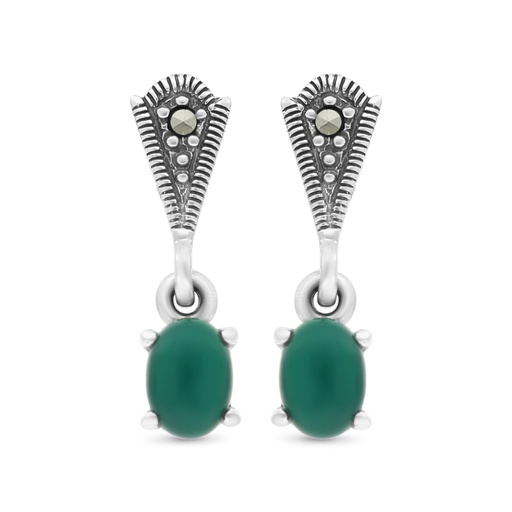 [EAR04MAR00GAGA308] Sterling Silver 925 Earring Embedded With Natural Green Agate And Marcasite Stones