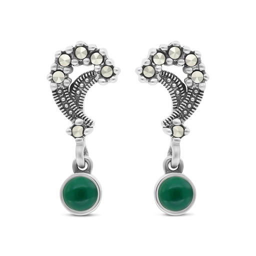 [EAR04MAR00GAGA311] Sterling Silver 925 Earring Embedded With Natural Green Agate And Marcasite Stones