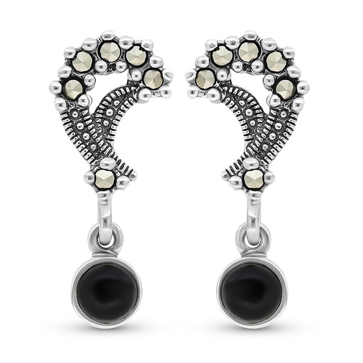 [EAR04MAR00ONXA311] Sterling Silver 925 Earring Embedded With Natural Black Agate And Marcasite Stones