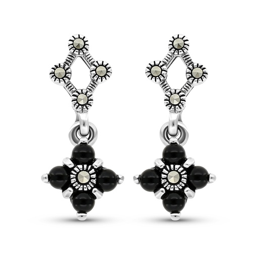 [EAR04MAR00ONXA316] Sterling Silver 925 Earring Embedded With Natural Black Agate And Marcasite Stones