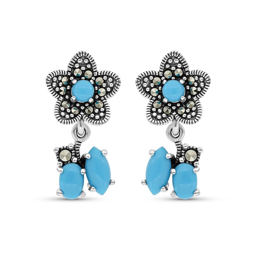[EAR04MAR00TRQA318] Sterling Silver 925 Earring Embedded With Natural Processed Turquoise And Marcasite Stones