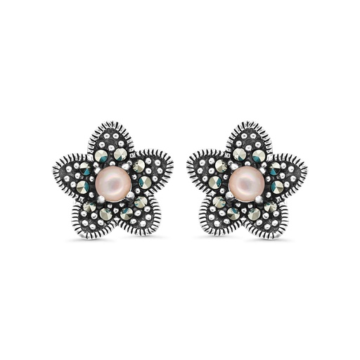 [EAR04MAR00PNKA319] Sterling Silver 925 Earring Embedded With Natural Pink Shell And Marcasite Stones