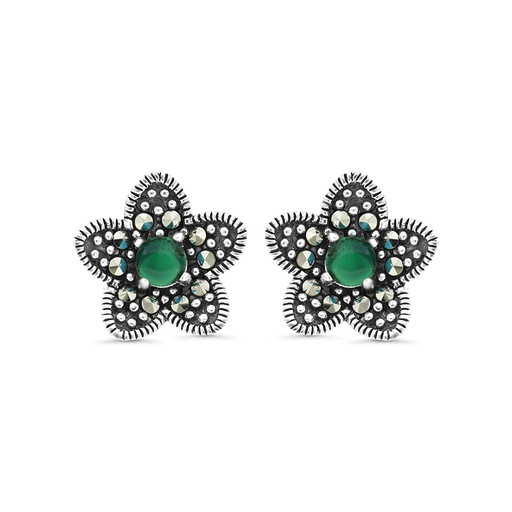 [EAR04MAR00GAGA319] Sterling Silver 925 Earring Embedded With Natural Green Agate And Marcasite Stones